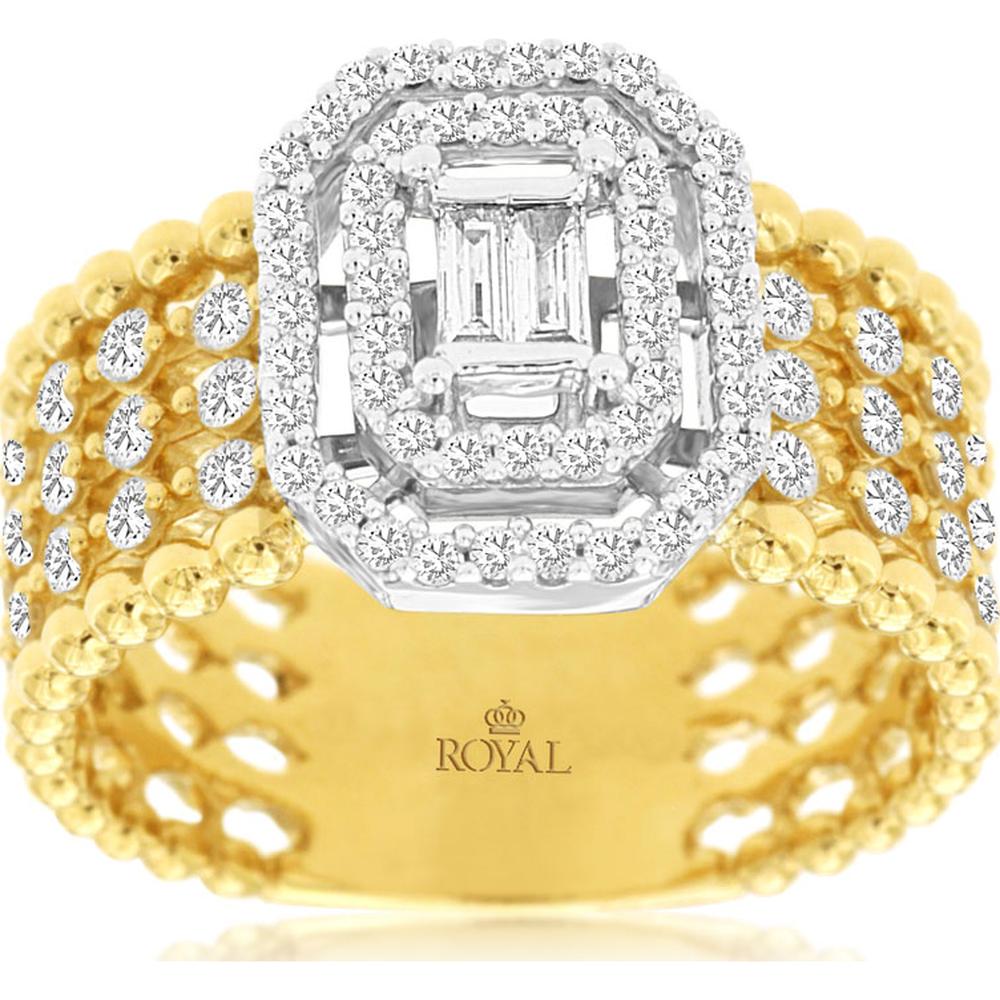 14K Yellow Gold Double Halo Ring with Illusion Emerald Cut Baguette and Round Diamond Cluster - 0.77 Carat Total Diamond Weight - Royal Jewelry