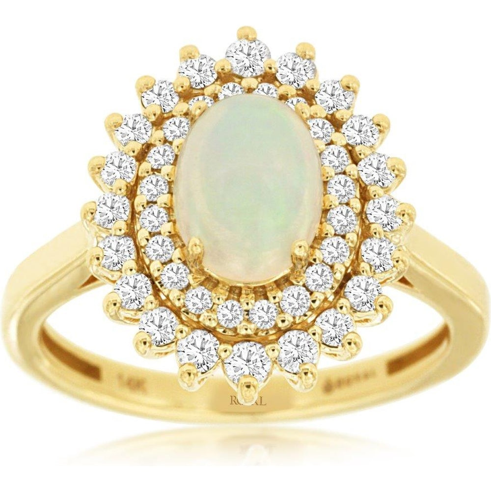 14K Yellow Gold Double-Halo Ring with Oval Cabochon Opal and Round Brilliant Diamonds - 0.90 Carat Opal and 0.50 Carat Total Diamond Weight - Royal Jewelry