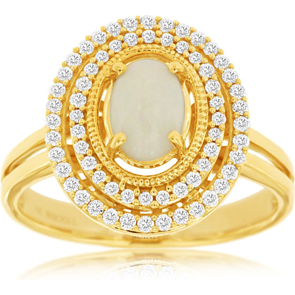 14K Yellow Gold Double Halo Ring with Oval Cabochon Opal and Round Diamonds - 0.33 Carat Total Diamond Weight and 0.50 Carat Opal - Royal Jewelry