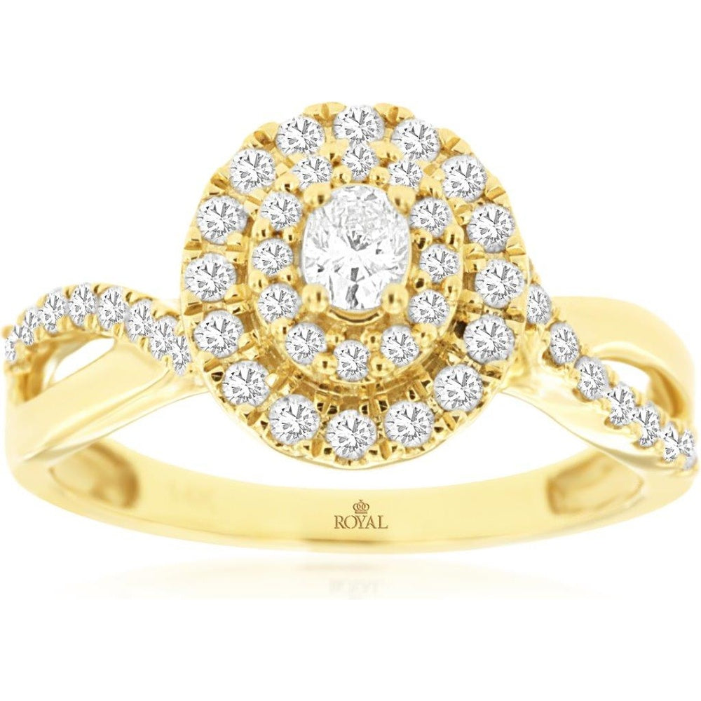 14K Yellow Gold Double Halo Ring with Oval-Cut Diamond and Milgrain Detailing - 0.62 Carat Total Diamond Weight - Royal Jewelry