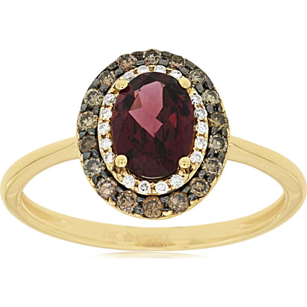 14K Yellow Gold Double Halo Ring with Oval Rhodolite (1.00ct) and Mocha Diamond & White Diamond Accents (0.28 Carat Total Diamond Weight) - Royal Jewelry