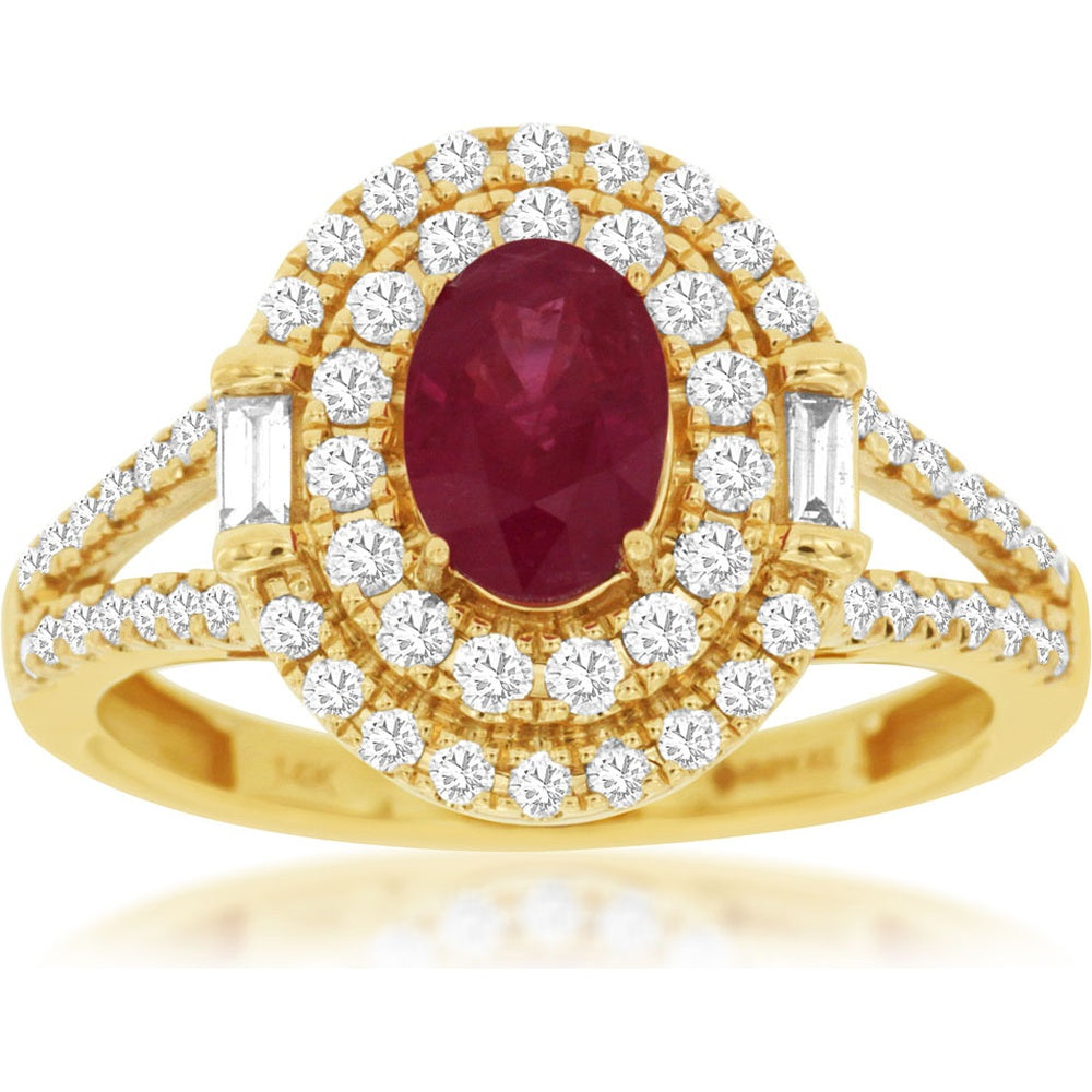 14K Yellow Gold Double Halo Ring with Oval Ruby and Baguette Diamonds - 0.90 Carat Ruby and 0.56 Carat Total Diamond Weight - Royal Jewelry