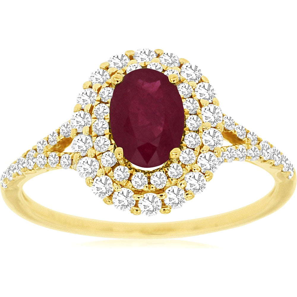14K Yellow Gold Double Halo Ring with Oval Ruby and Round Diamonds - 0.90 Carat Ruby and 0.50 Carat Total Diamond Weight - Royal Jewelry