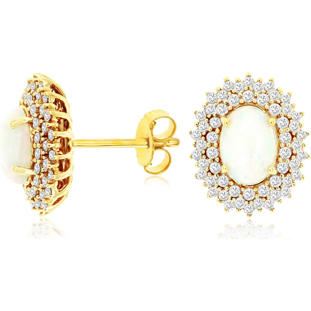 14K Yellow Gold Double Halo Stud Earrings with Oval Cut Opals and Round Diamonds - 1.00 Carat Total Opal Weight and 0.50 Carat Total Diamond Weight - Royal Jewelry