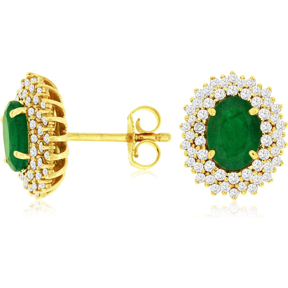 14K Yellow Gold Double Halo Stud Earrings with Oval Emeralds and Round Diamonds - 1.40 Carat Total Emerald Weight and 0.50 Carat Total Diamond Weight - Royal Jewelry