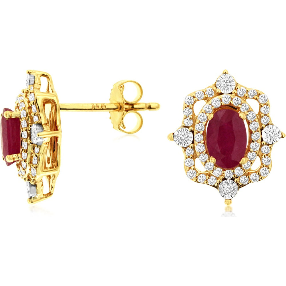 14K Yellow Gold Double Halo Stud Earrings with Oval Rubies and Round Diamonds - 1.10 Carat Total Ruby Weight and 0.39 Carat Total Diamond Weight - Royal Jewelry