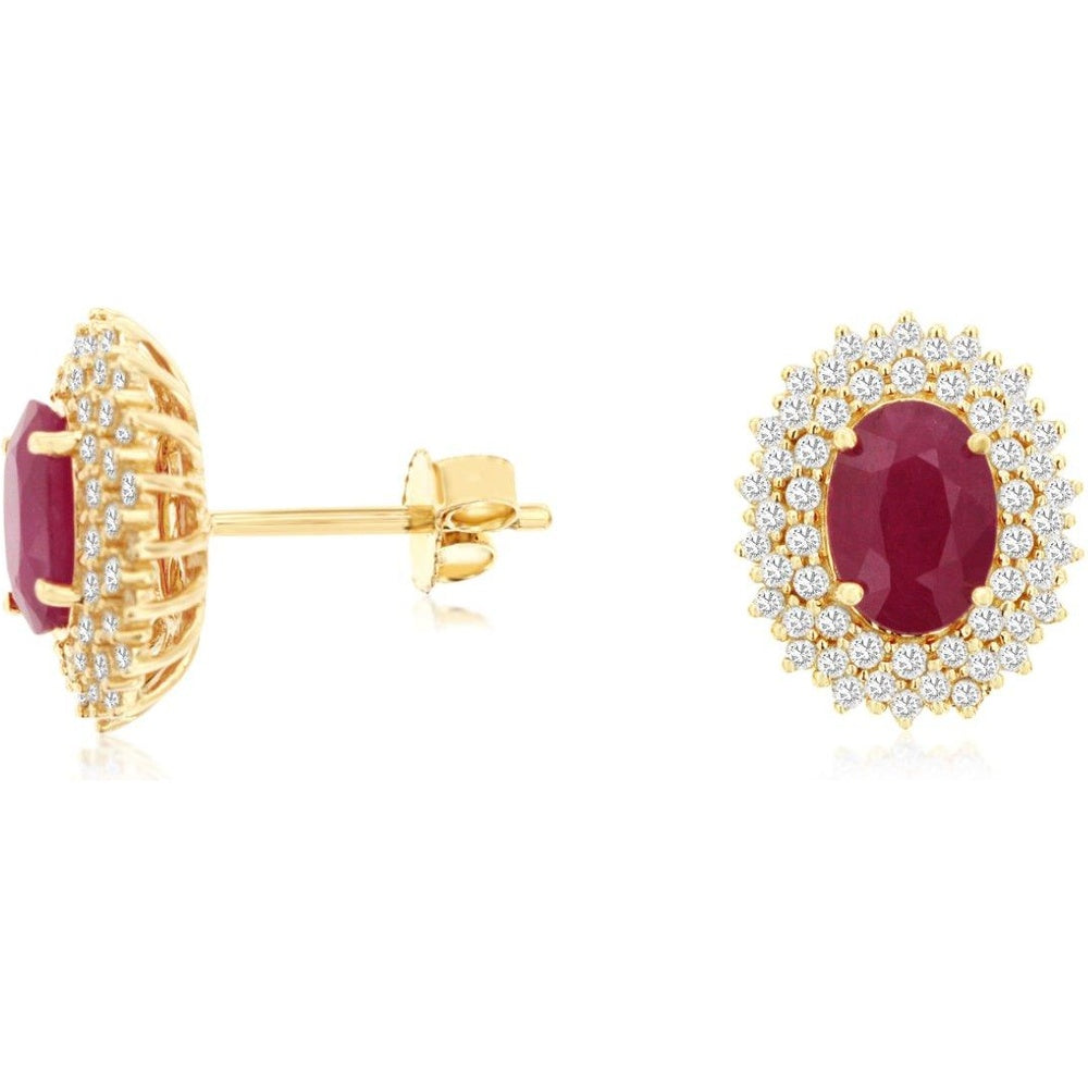 14K Yellow Gold Double Halo Stud Earrings with Oval Rubies and Round Diamonds - 1.80 Carat Total Ruby Weight and 0.50 Carat Total Diamond Weight - Royal Jewelry