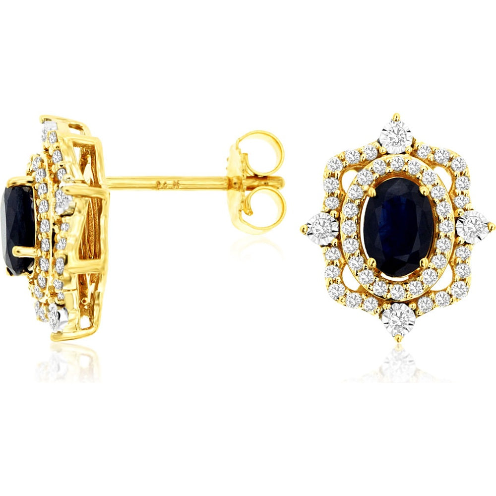 14K Yellow Gold Double Halo Stud Earrings with Oval Sapphires and Pavé Diamonds - 1.30 Carat Total Sapphire Weight and 0.39 Carat Total Diamond Weight - Royal Jewelry