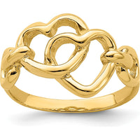 14K Yellow Gold Double Heart Ring with Polished Finish and Diamond-Cut Texture by Oro Pregiato