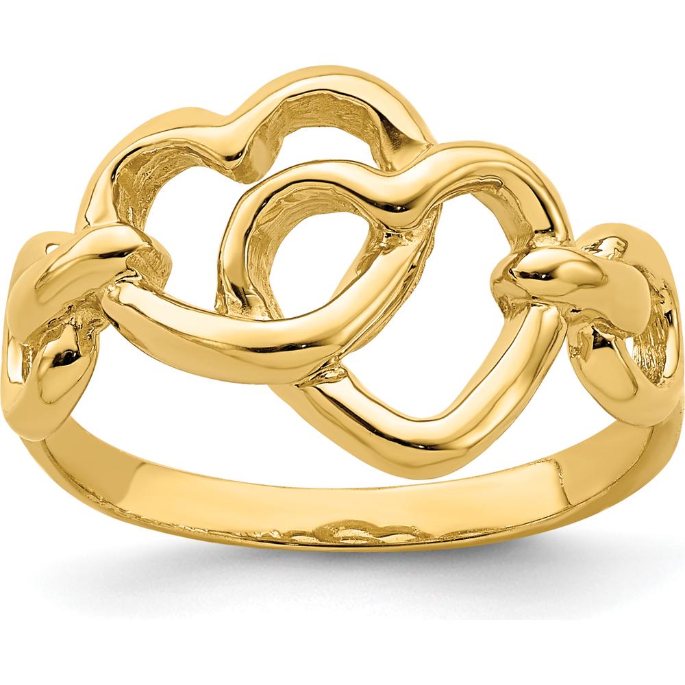 14K Yellow Gold Double Heart Ring with Polished Finish and Diamond-Cut Texture by Oro Pregiato