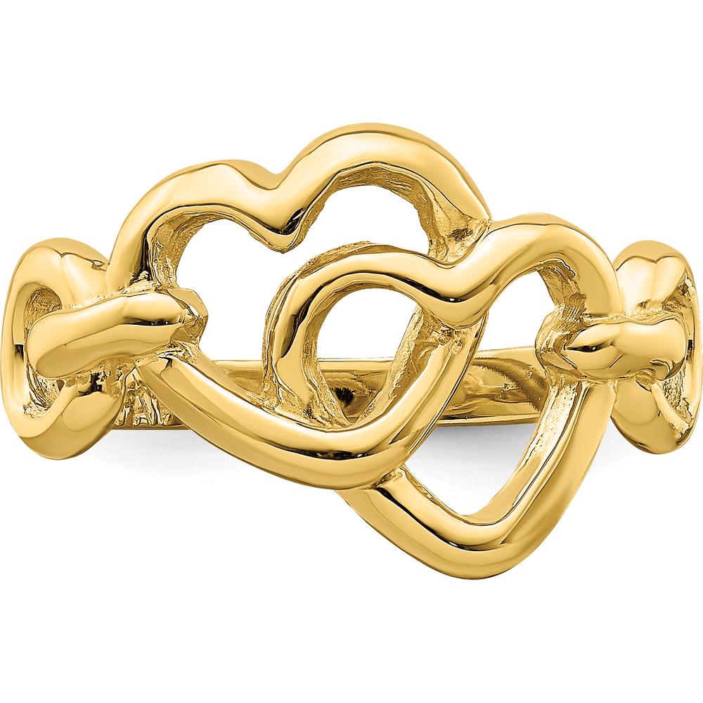 14K Yellow Gold Double Heart Ring with Polished Finish and Diamond-Cut Texture by Oro Pregiato