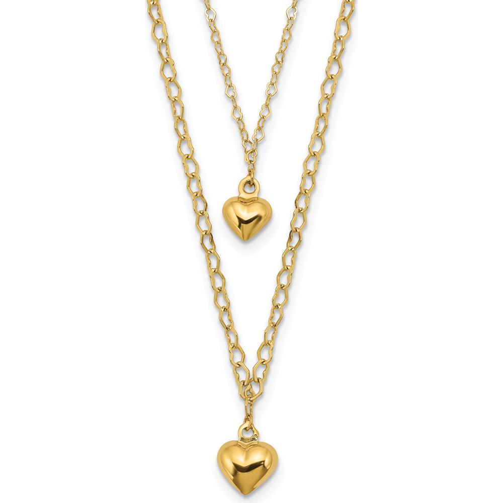 14K Yellow Gold Double Layer Heart Link Necklace with Polished Puffed Hearts - 16" with 2" Extender by 0