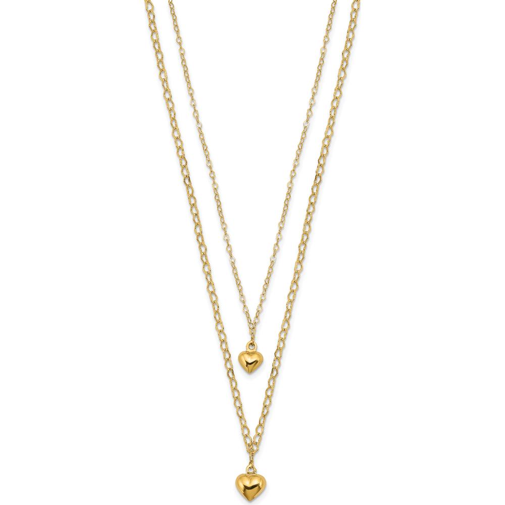 14K Yellow Gold Double Layer Heart Link Necklace with Polished Puffed Hearts - 16" with 2" Extender by 0