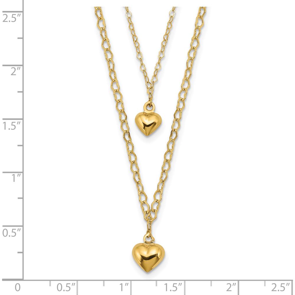 14K Yellow Gold Double Layer Heart Link Necklace with Polished Puffed Hearts - 16" with 2" Extender by 0