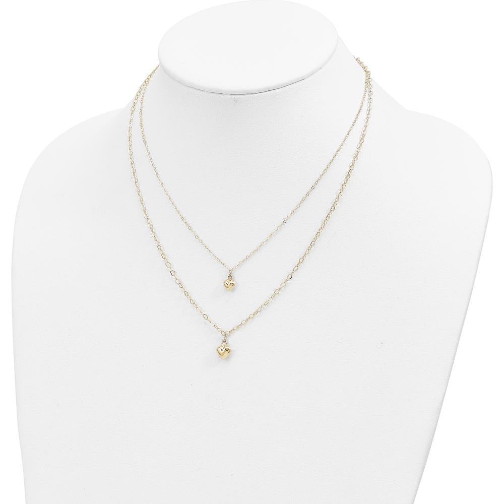 14K Yellow Gold Double Layer Heart Link Necklace with Polished Puffed Hearts - 16" with 2" Extender by 0