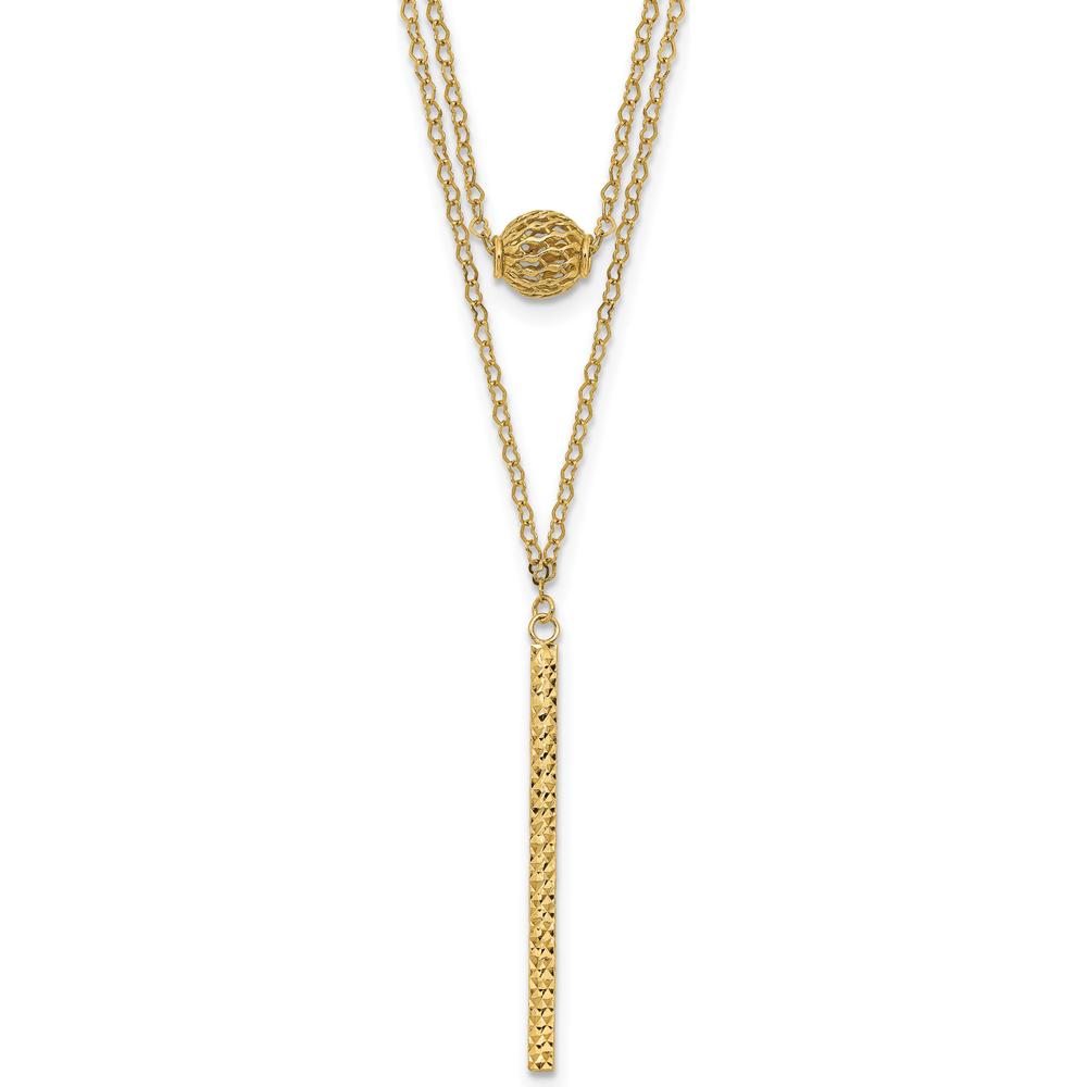14K Yellow Gold Double Layer Hollow Filigree Bead and Diamond-Cut Bar Necklace - 16" with 2" Extender by 0