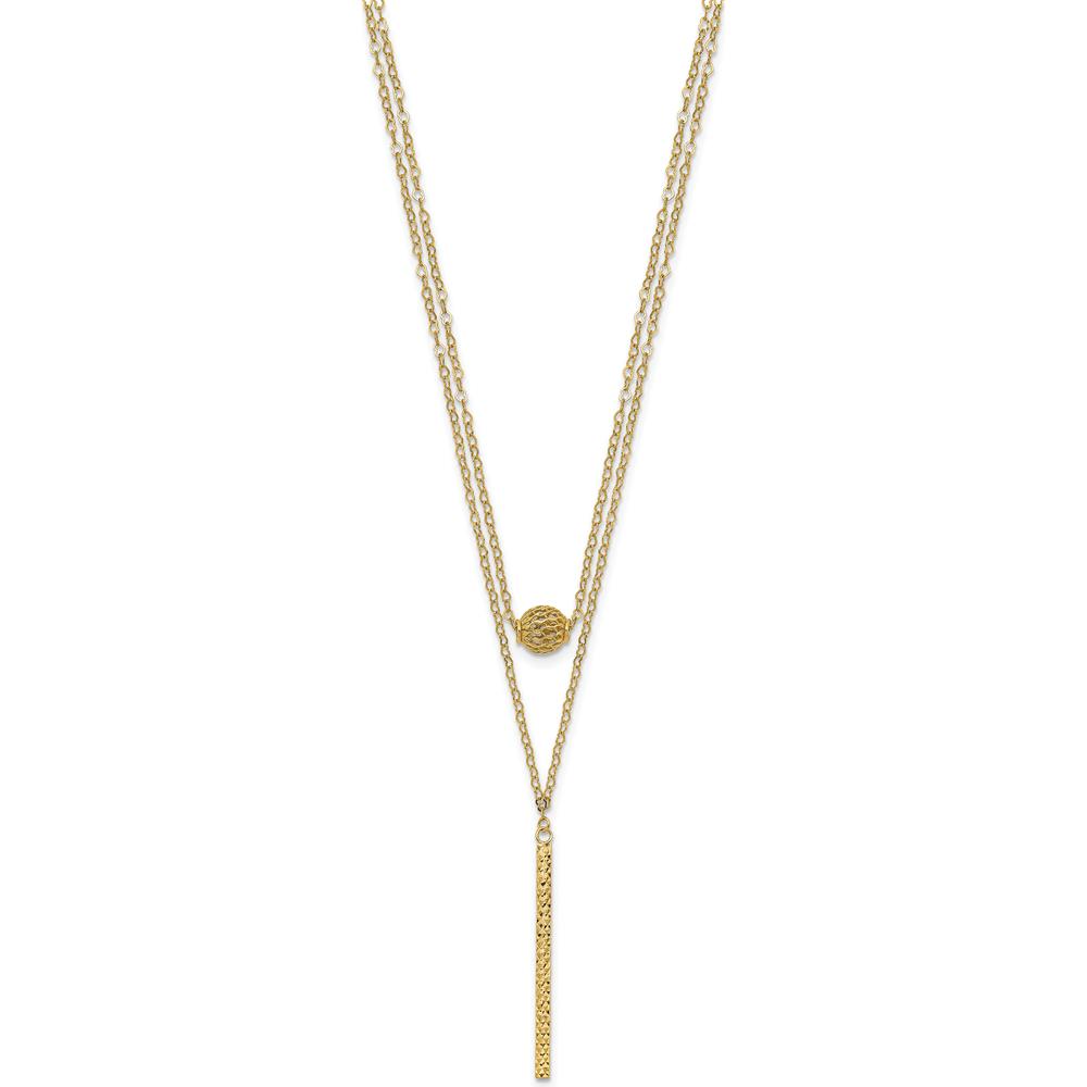 14K Yellow Gold Double Layer Hollow Filigree Bead and Diamond-Cut Bar Necklace - 16" with 2" Extender by 0