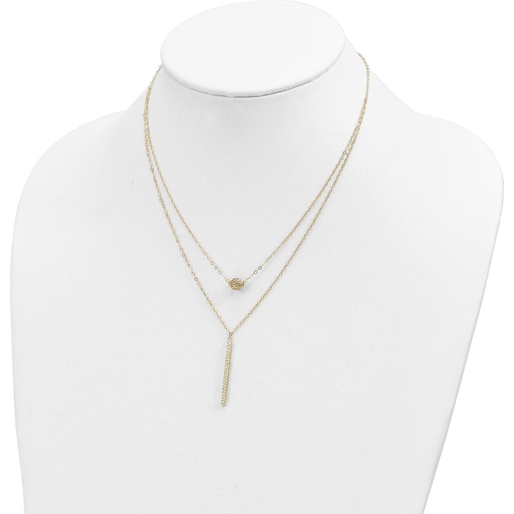 14K Yellow Gold Double Layer Hollow Filigree Bead and Diamond-Cut Bar Necklace - 16" with 2" Extender by 0