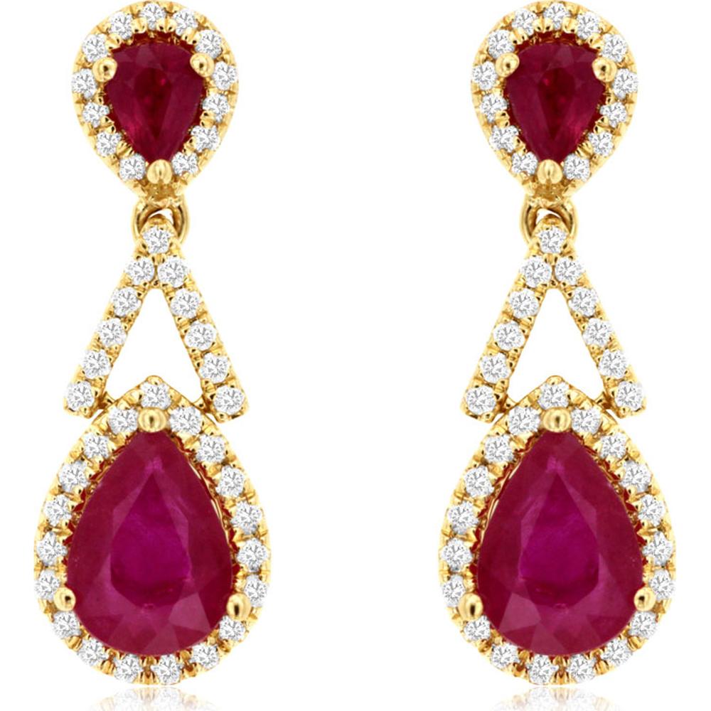 14K Yellow Gold Double Pear Ruby and Diamond Halo Drop Earrings - 2.19 Carat Total Gem Weight - Royal Jewelry