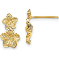 14K Yellow Gold Double Plumeria Flower Drop Earrings - Textured Design with Polished Finish by 0
