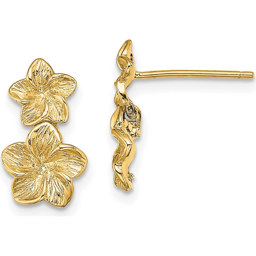 14K Yellow Gold Double Plumeria Flower Drop Earrings - Textured Design with Polished Finish by 0