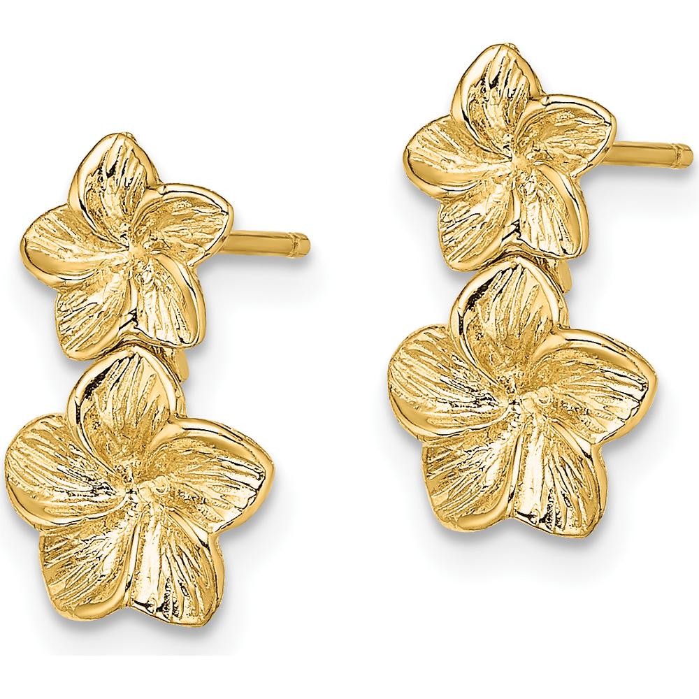 14K Yellow Gold Double Plumeria Flower Drop Earrings - Textured Design with Polished Finish by 0