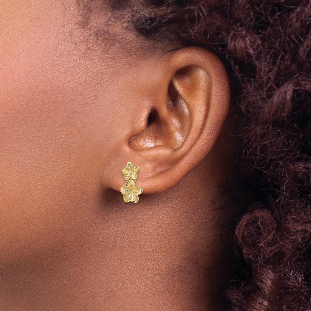 14K Yellow Gold Double Plumeria Flower Drop Earrings - Textured Design with Polished Finish by 0