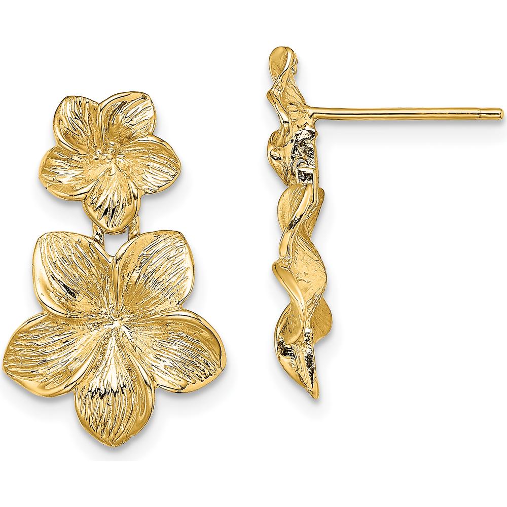 14K Yellow Gold Double Plumeria Flower Drop Earrings with Textured Finish by 0