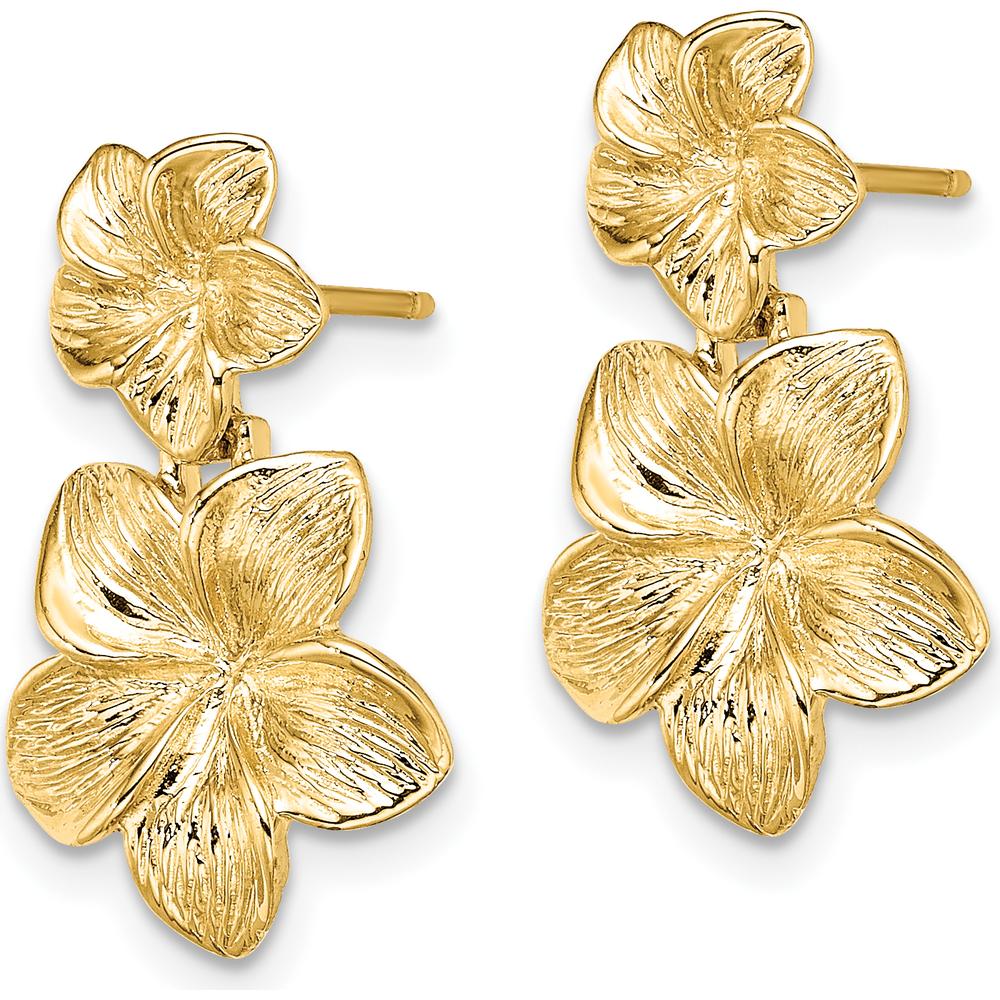 14K Yellow Gold Double Plumeria Flower Drop Earrings with Textured Finish by 0