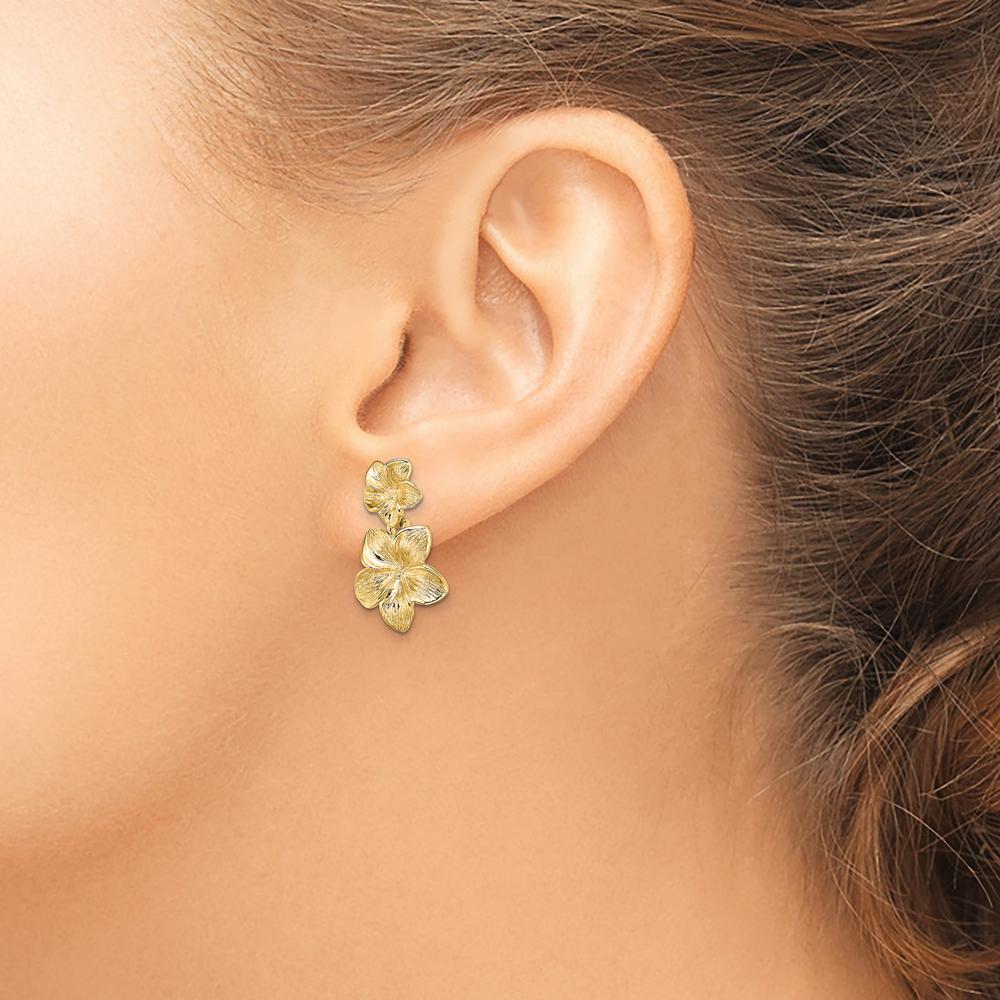 14K Yellow Gold Double Plumeria Flower Drop Earrings with Textured Finish by 0