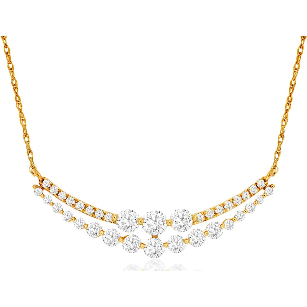 14K Yellow Gold Double Row Curved Diamond Necklace with Round Brilliant-Cut Diamonds - 0.75 Carat Total Diamond Weight - Royal Jewelry