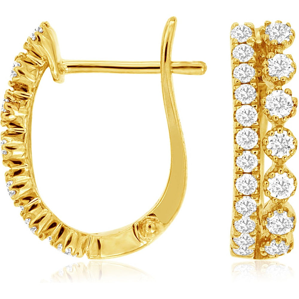 14K Yellow Gold Double Row Huggie Earrings with Milgrain Detail and Prong-Set Round Diamonds - 0.54 Carat Total Diamond Weight - Royal Jewelry