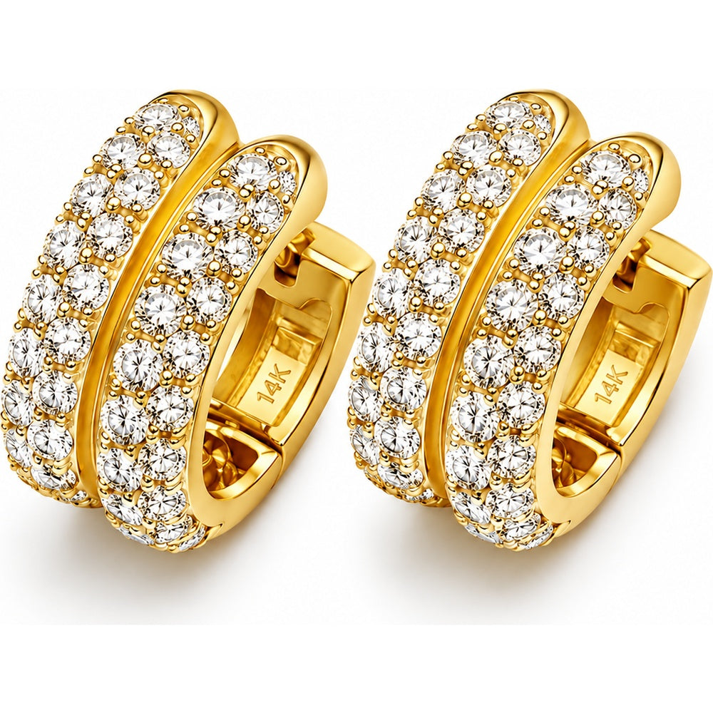 14K Yellow Gold Double Row Huggie Earrings with Prong-Set Round Diamonds - 2.17 Carat Total Diamond Weight by Auriventus