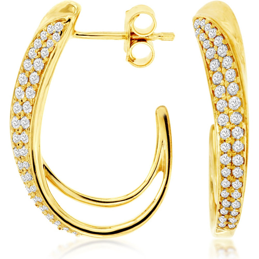14K Yellow Gold Double-Row Medium Hoop Earrings with Prong-Set Round Brilliant Diamonds - 0.47 Carat Total Diamond Weight - Royal Jewelry