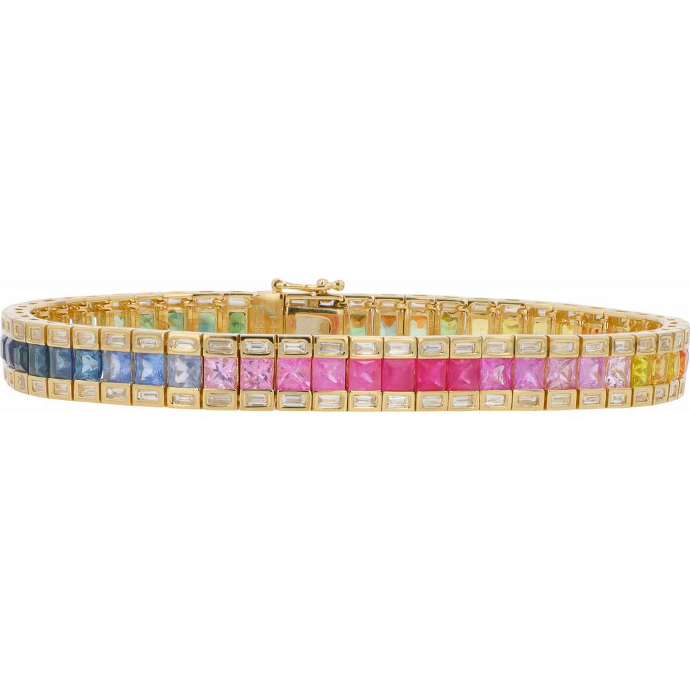 14K Yellow Gold Double-Row Multicolor Sapphire and Baguette Diamond Tennis Bracelet - 9.75 Carats Sapphire, 1.30 Carats Diamond Total Weight