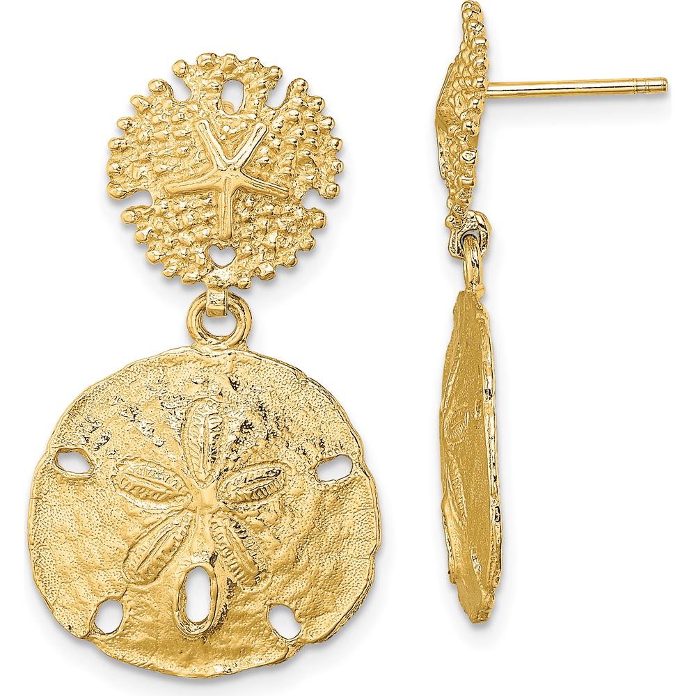 14K Yellow Gold Double Sand Dollar Dangle Earrings - 22.8mm Length, 16.3mm Width by 0