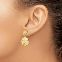 14K Yellow Gold Double Sand Dollar Dangle Earrings - 22.8mm Length, 16.3mm Width by 0