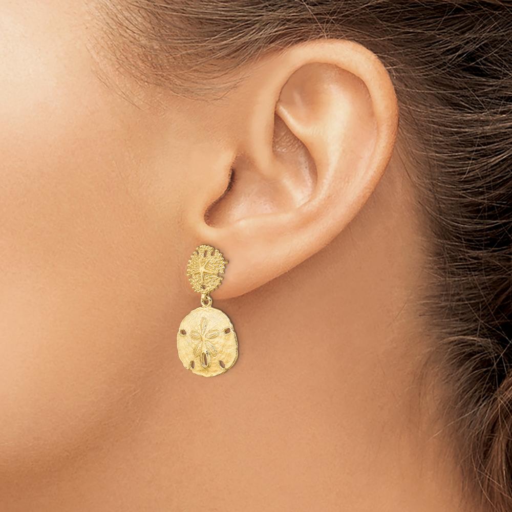 14K Yellow Gold Double Sand Dollar Dangle Earrings - 22.8mm Length, 16.3mm Width by 0