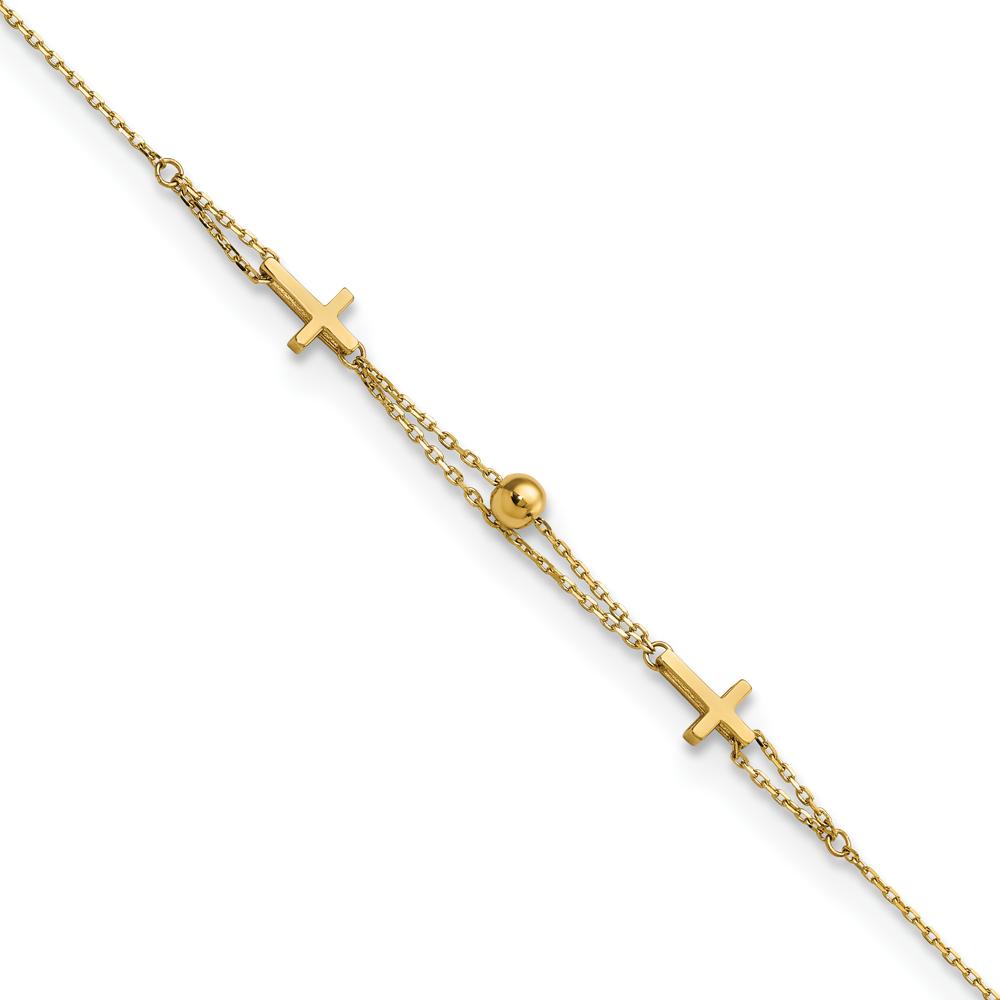 14K Yellow Gold Double Strand Cross and Bead Bracelet - 7.5" Length by Oro Pregiato