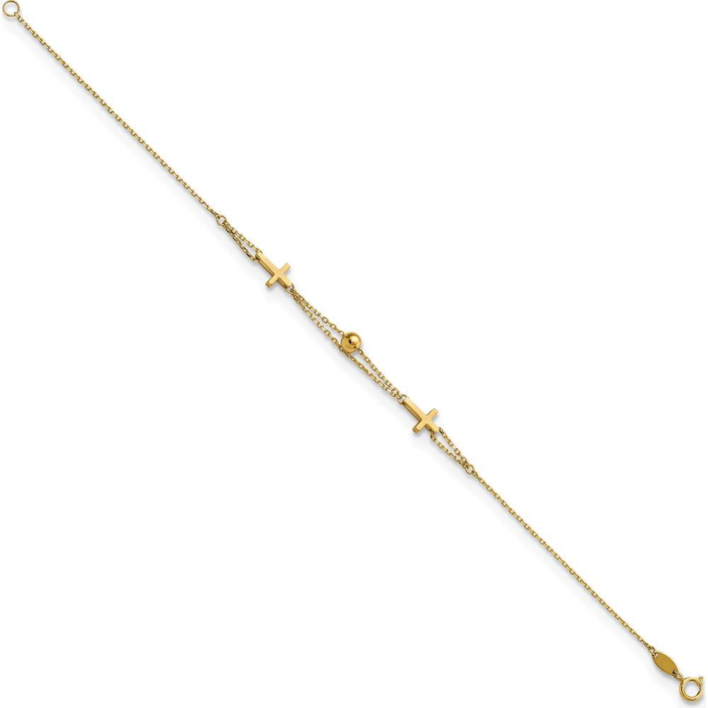 14K Yellow Gold Double Strand Cross and Bead Bracelet - 7.5" Length by Oro Pregiato