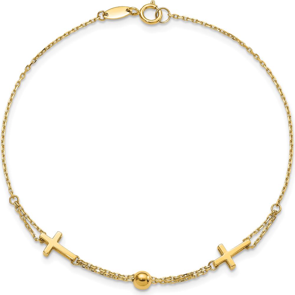14K Yellow Gold Double Strand Cross and Bead Bracelet - 7.5" Length by Oro Pregiato