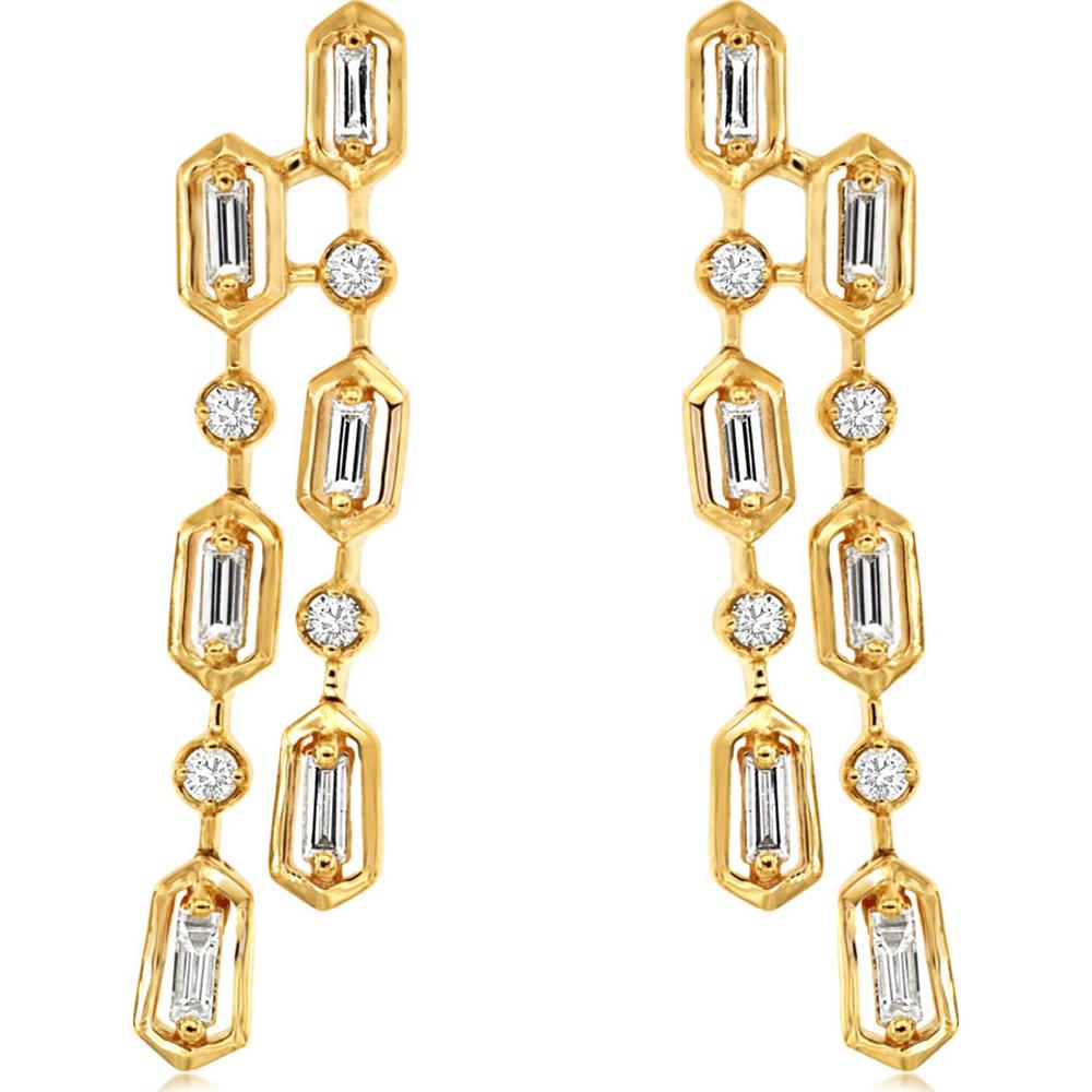14K Yellow Gold Double Strand Drop Earrings with Bezel Set Baguette and Round Diamonds - 0.40 Carat Total Weight - Royal Jewelry