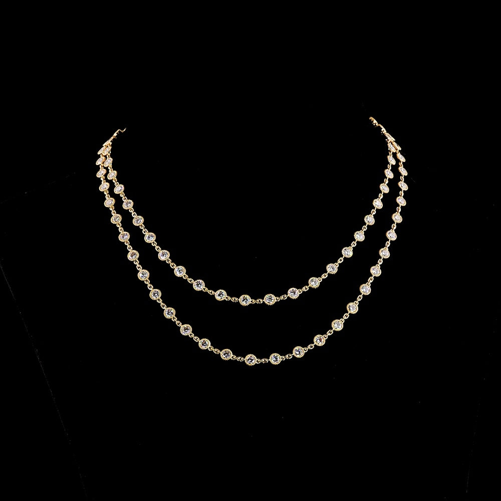 14K Yellow Gold Double Strand Station Necklace with 87 Bezel Set Round Lab Grown Diamonds - 14.36 Carat Total Weight, E-F Color VS2 Clarity - Covaloro Fine Jewelry