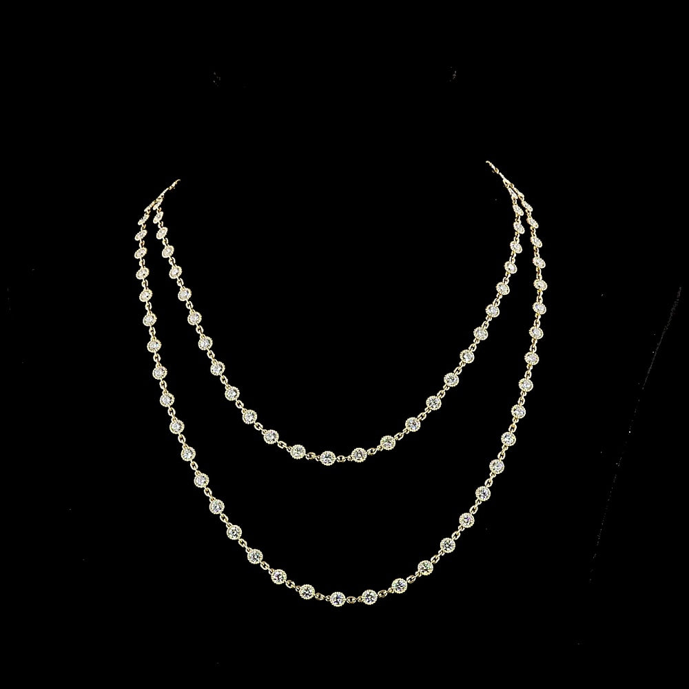14K Yellow Gold Double Strand Station Necklace with 95 Bezel Set Round Lab Diamonds - 14.29 Carats Total Weight, E-F Color VS Clarity - Covaloro Fine Jewelry