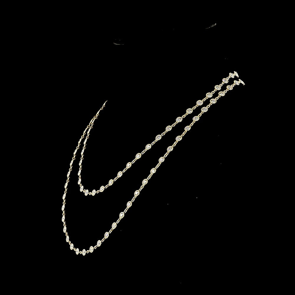 14K Yellow Gold Double Strand Station Necklace with 95 Bezel Set Round Lab Diamonds - 14.29 Carats Total Weight, E-F Color VS Clarity - Covaloro Fine Jewelry