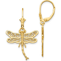 14K Yellow Gold Dragonfly Filigree Dangle Earrings with Polished Finish - 37mm Length by 0