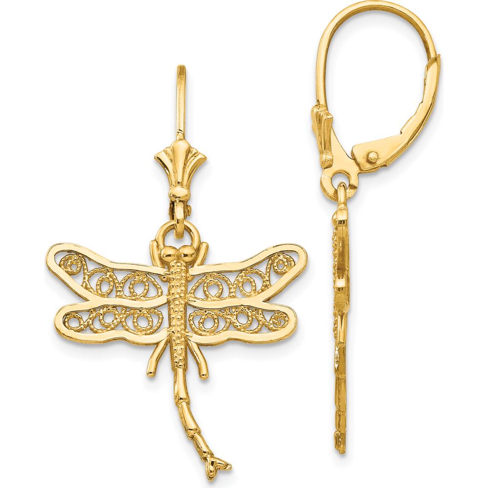 14K Yellow Gold Dragonfly Filigree Dangle Earrings with Polished Finish - 37mm Length by 0