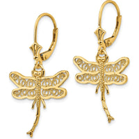 14K Yellow Gold Dragonfly Filigree Dangle Earrings with Polished Finish - 37mm Length by 0