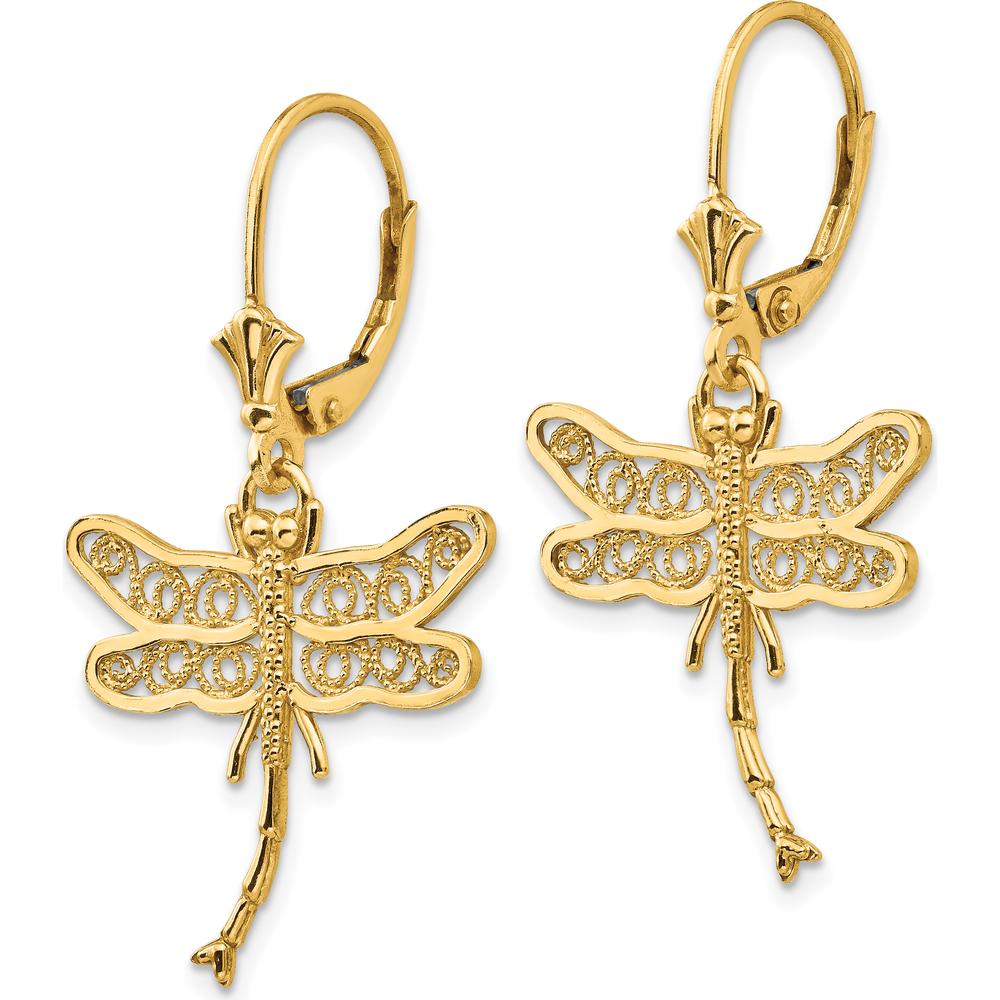 14K Yellow Gold Dragonfly Filigree Dangle Earrings with Polished Finish - 37mm Length by 0