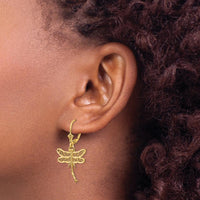 14K Yellow Gold Dragonfly Filigree Dangle Earrings with Polished Finish - 37mm Length by 0